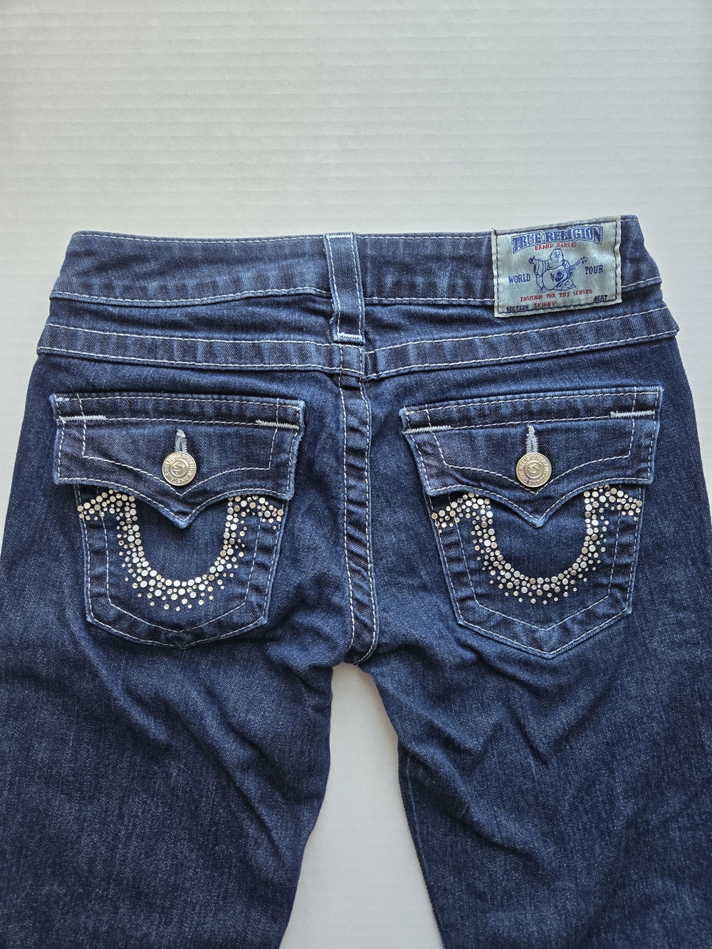 True Religion Dark Blue Skinny Jeans with Rhinestone Pockets- Size 25